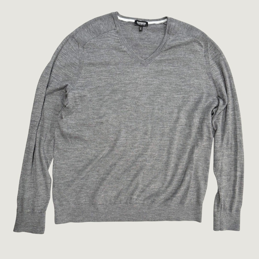 Express Mens Merino Wool Blend V-Neck Sweater Gray Lightweight Casual Fall XXL